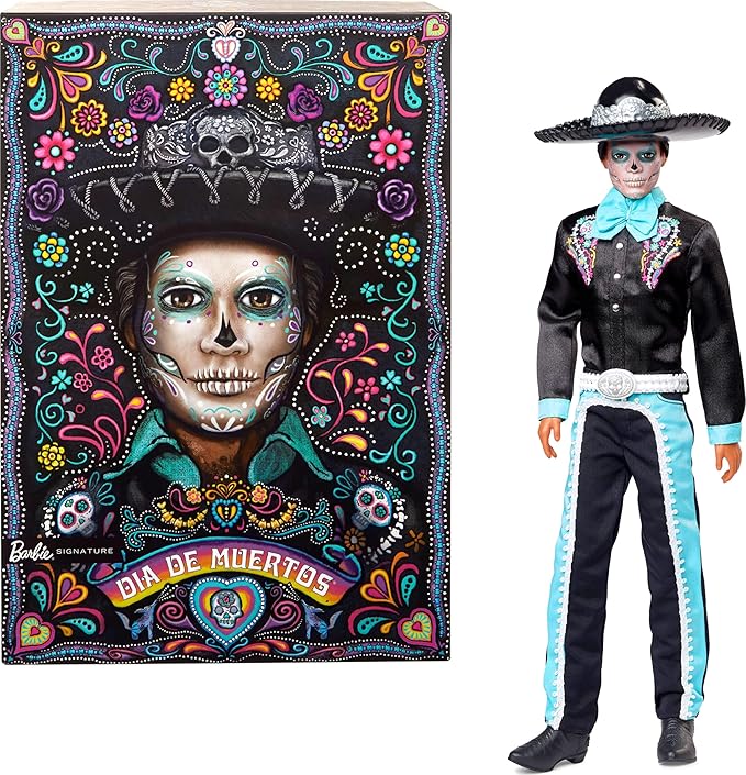 Barbie Signature Doll, 2024 Día De Muertos Ken Collectible in Black Suit with Sky Blue Accents, Hat and Belt Accessories sugar skull Día de los Muertos decor